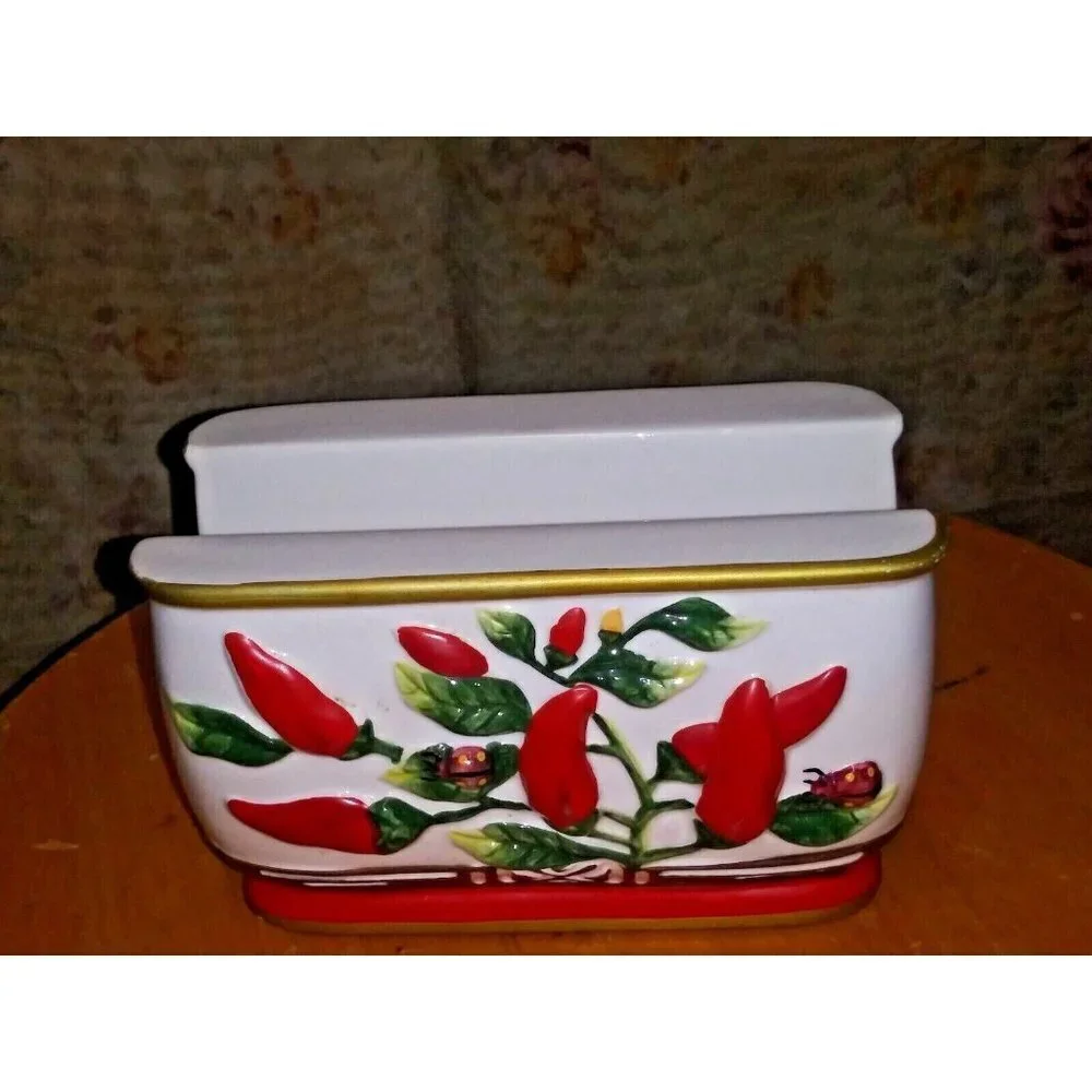 Vintage ceramic Napkin Holder red pepper red chillies embossed Unique Rare EUC